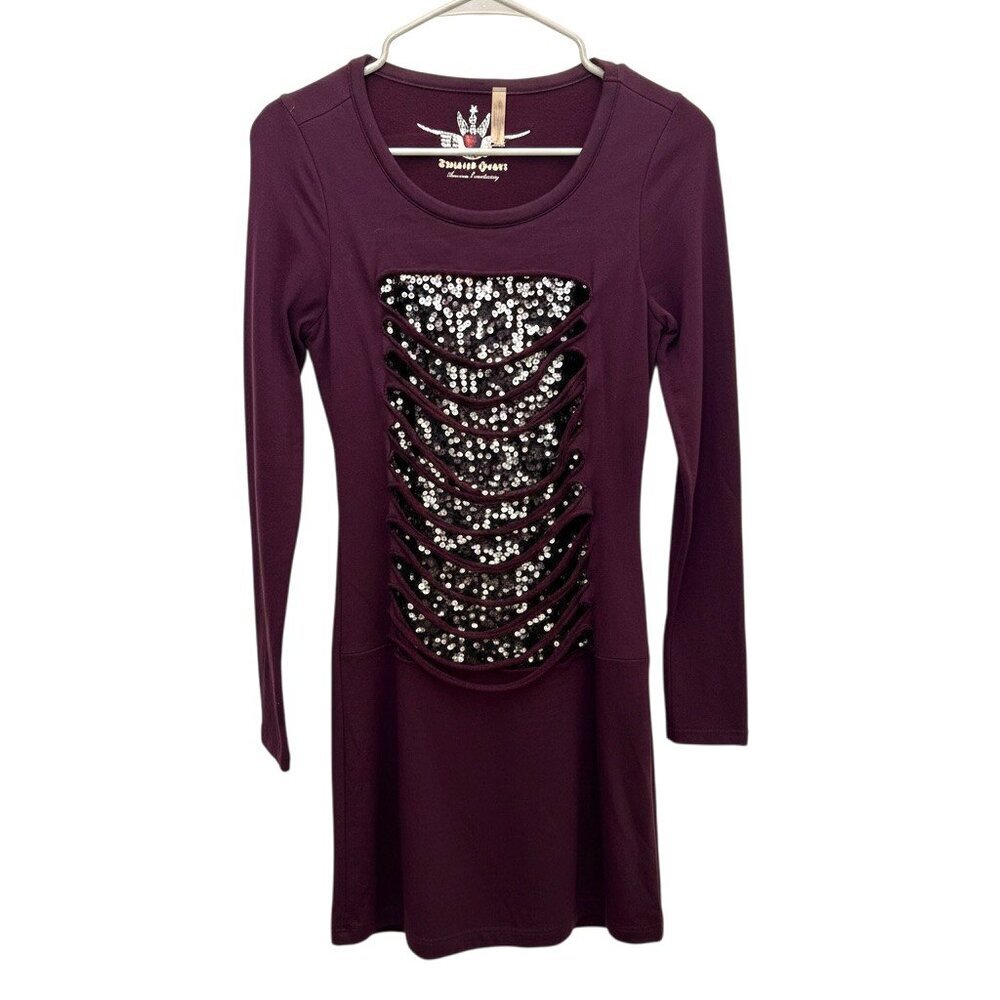 New Twisted Heart Purple Long Sleeve Dress Stretch Black Cutout Sequins- S -$128